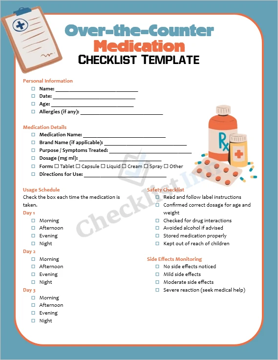 Over the counter medication checklist cover page showing title and clean design
