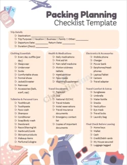 Packing planning checklist template cover page for travel preparation