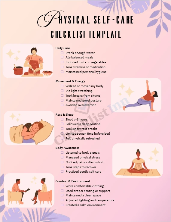 Physical self care checklist cover page with a clean and calming design