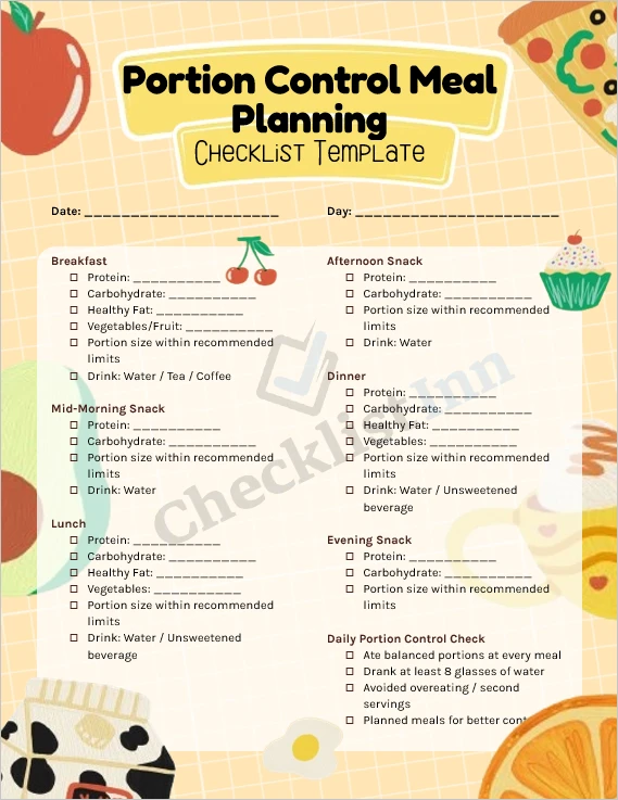 Portion control meal planning checklist cover page with healthy foods and checklist layout