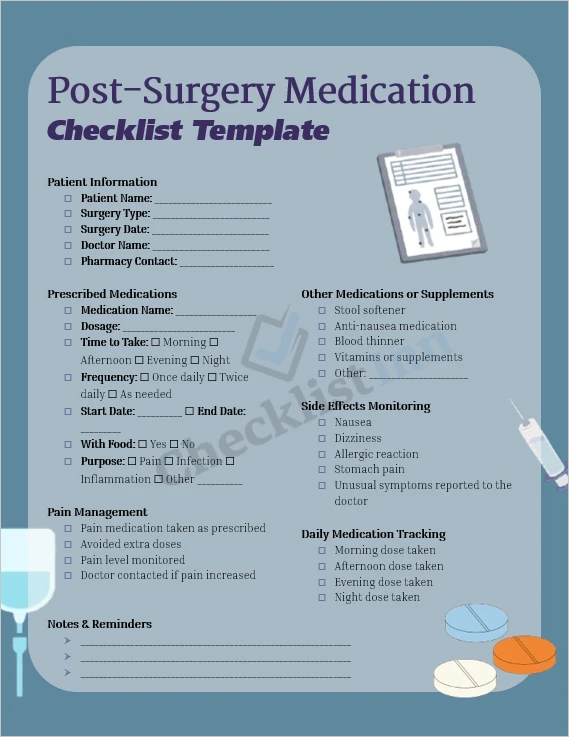 Post surgery medication checklist printable cover page