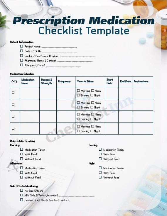 Prescription medication checklist template cover page for tracking prescribed medicines
