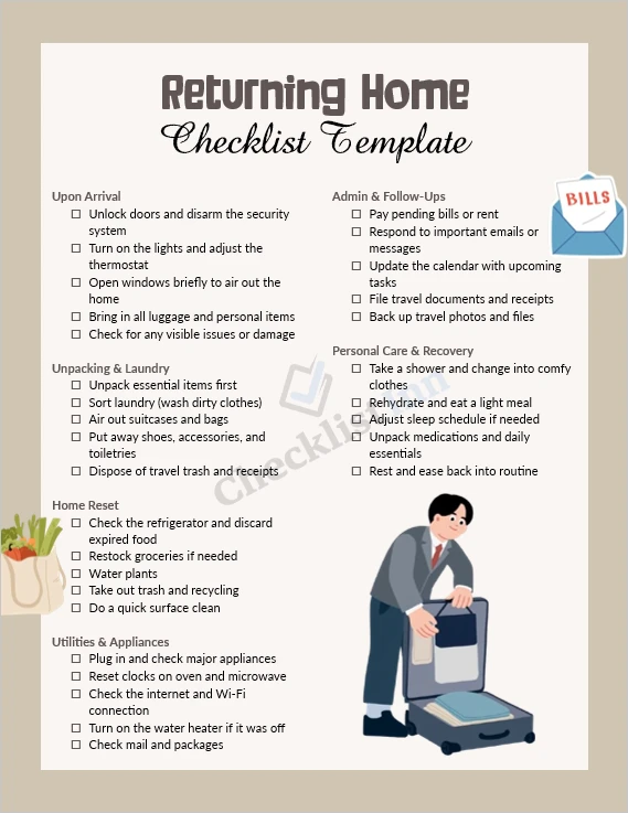 Returning home checklist printable cover page