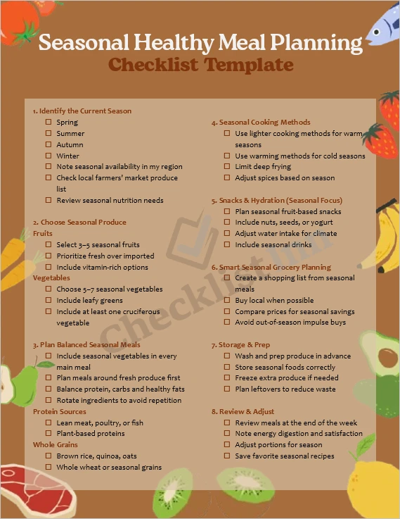 seasonal healthy meal planning checklist cover page with fresh fruits and vegetables
