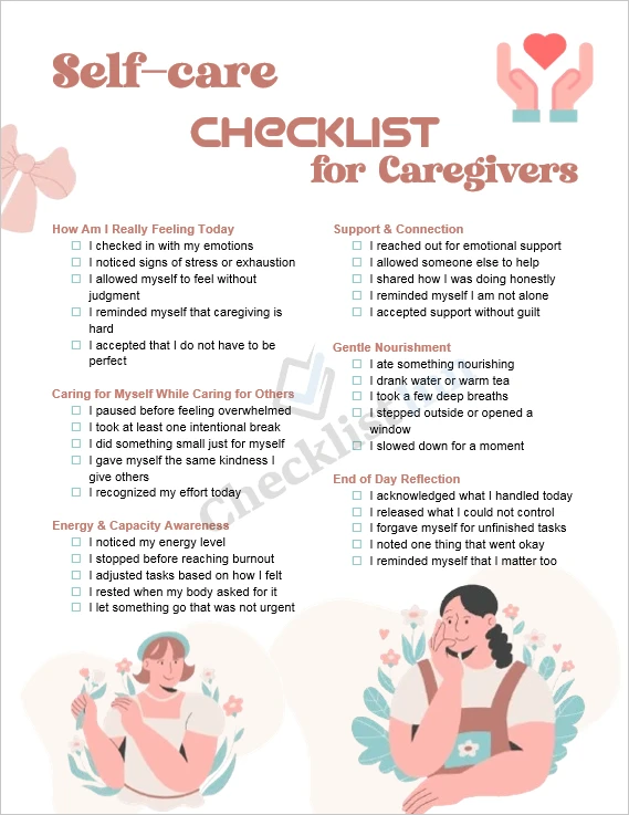 Self care check in checklist for caregivers cover page