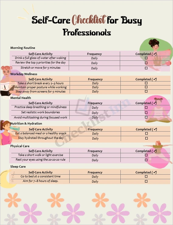 Self care checklist for busy professionals cover page
