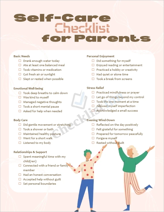 Self care checklist for parents printable template