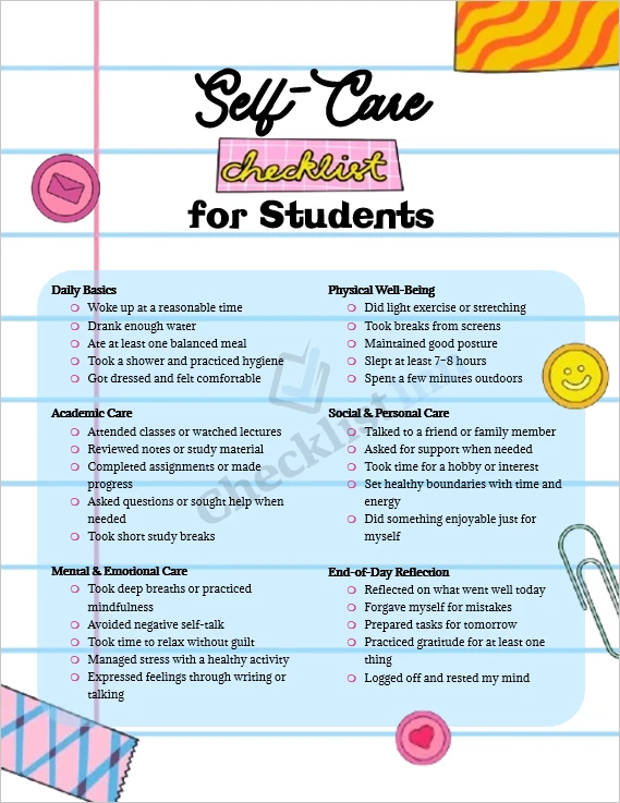 Self care checklist for students printable cover page