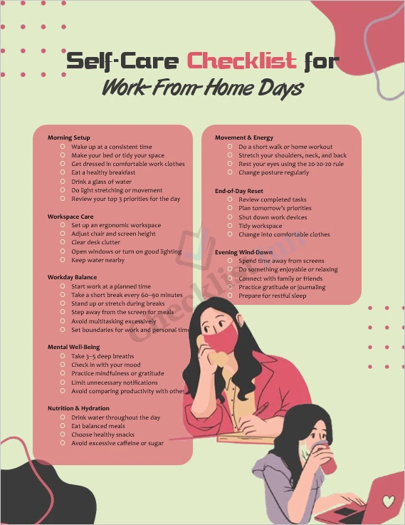 Self care checklist for work from home days cover page