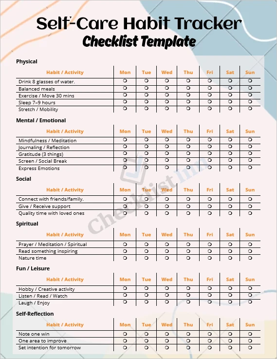 Self care habit tracker one page weekly checklist template