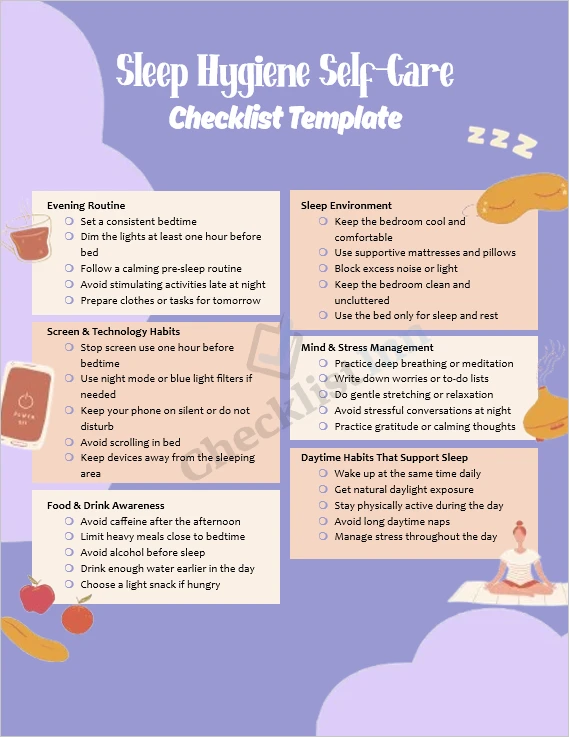sleep hygiene checklist cover page relaxing bedroom and calm atmosphere