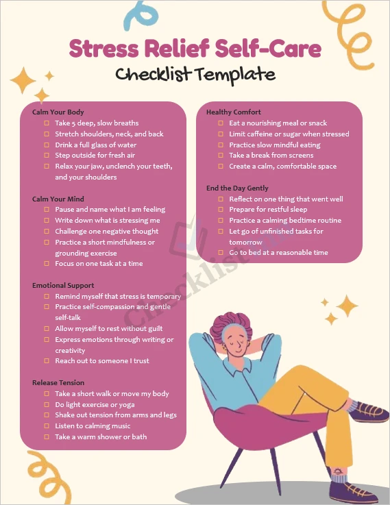 Stress relief self care checklist printable cover page
