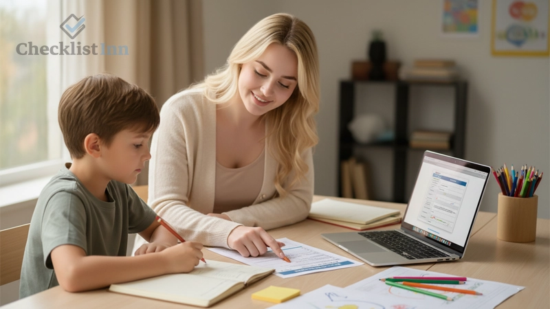 Teacher guiding a student using a learning and progress checklist at a study desk