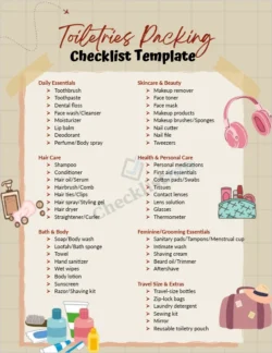 Toiletries packing checklist printable cover page for travel