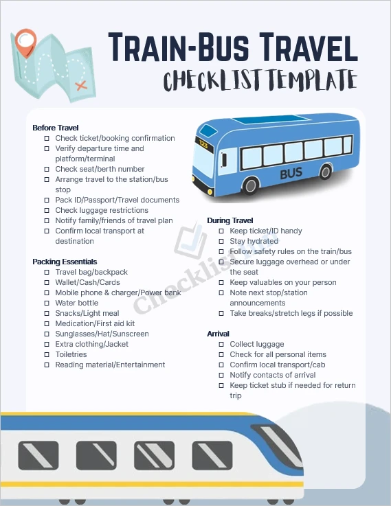 Train and bus travel checklist cover page