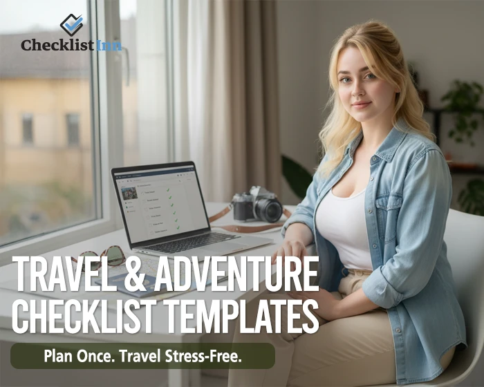 Woman planning a stress-free trip using travel checklist templates with suitcase and travel essentials