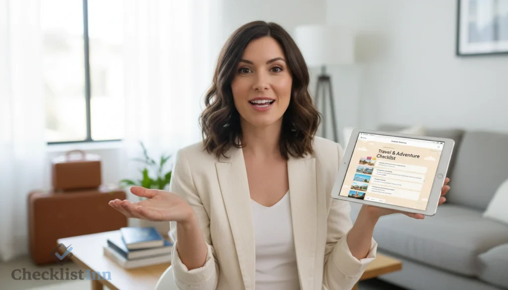 A stylish woman holding a tablet, smiling and explaining how to use the Travel and Adventure Checklist Template to organize trips and track adventures.
