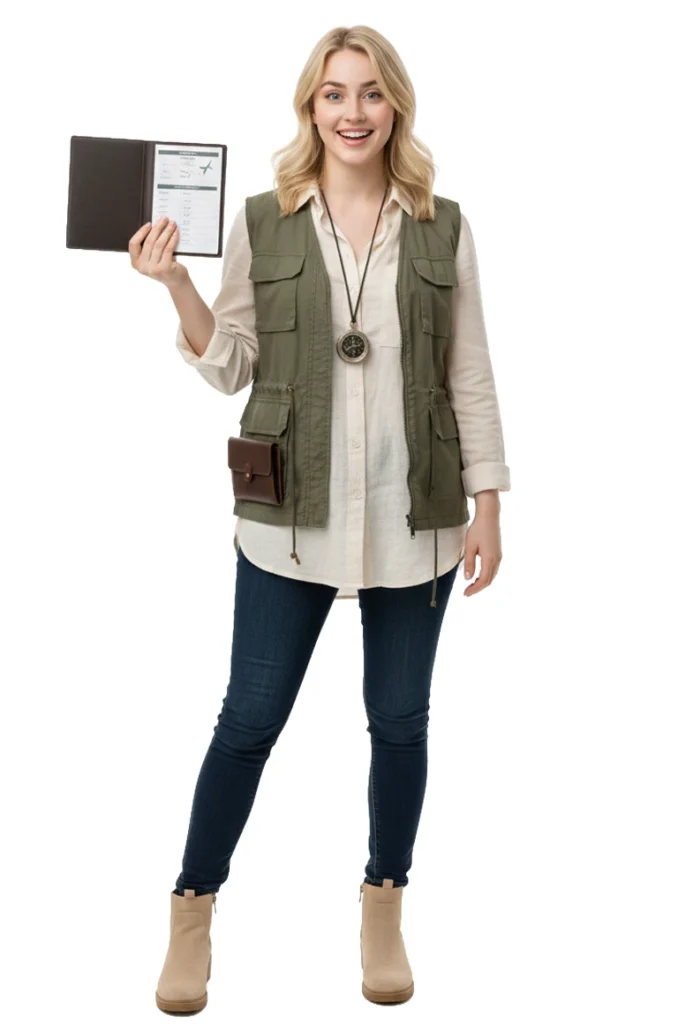 Woman preparing for travel and adventure using a checklist