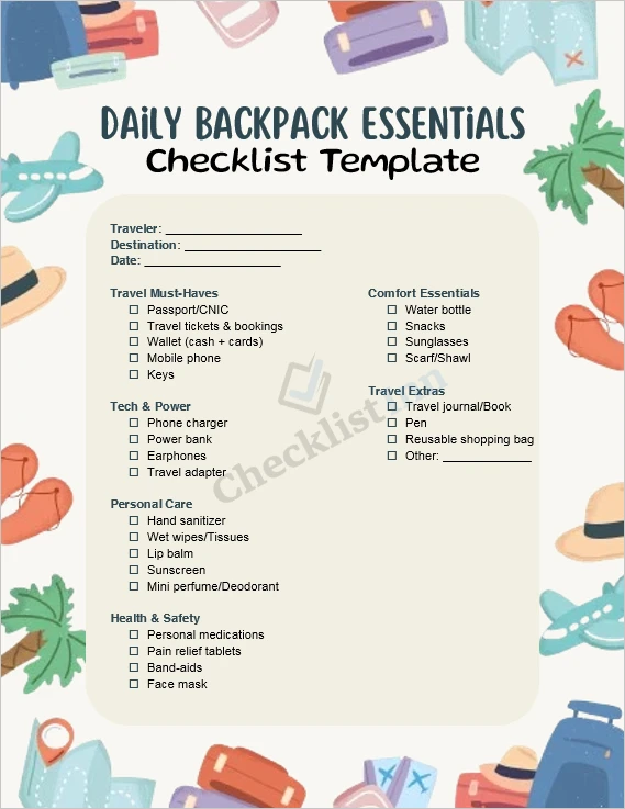 Travel backpack essentials checklist printable cover page