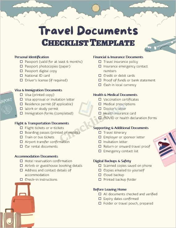 Travel documents checklist cover page for organized trip planning
