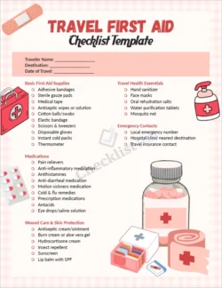 Travel first aid checklist cover page for safe and prepared trips