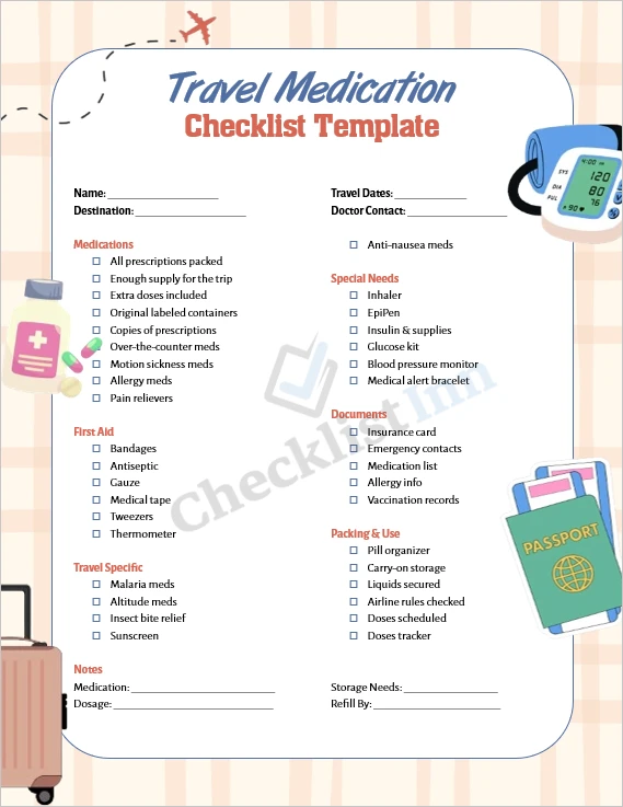 Travel medication checklist cover page organized planning for trips