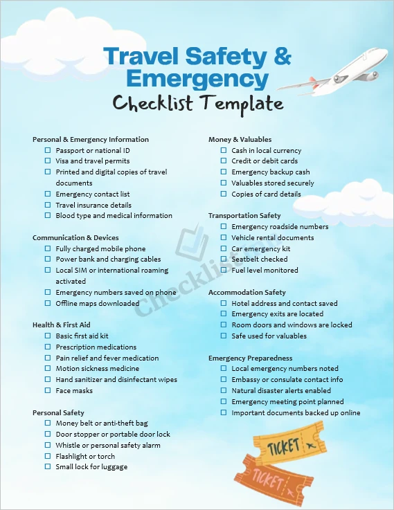 Travel safety and emergency checklist cover page