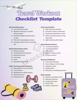 Travel workout checklist cover page for staying active while traveling