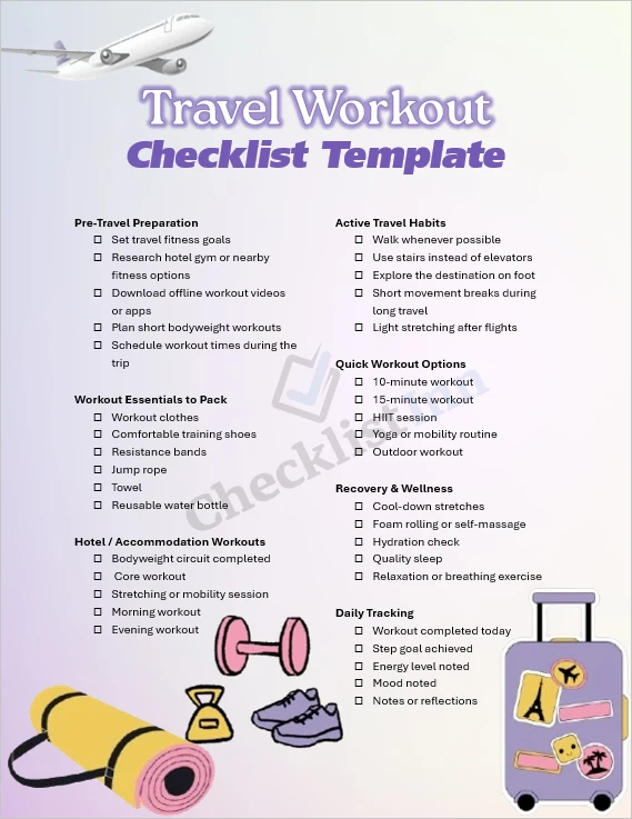 Travel workout checklist cover page for staying active while traveling