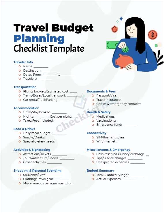 Minimal aesthetic travel budget planning checklist cover page showing clean layout and travel icons