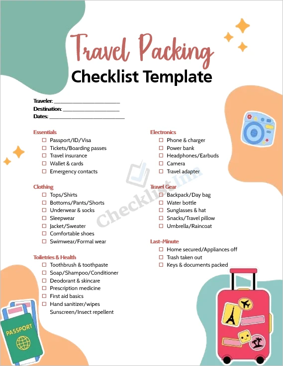 Travel packing checklist cover page for easy organization and stress free packing