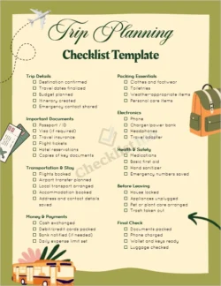 Inside view of trip planning checklist template with sections and checkboxes