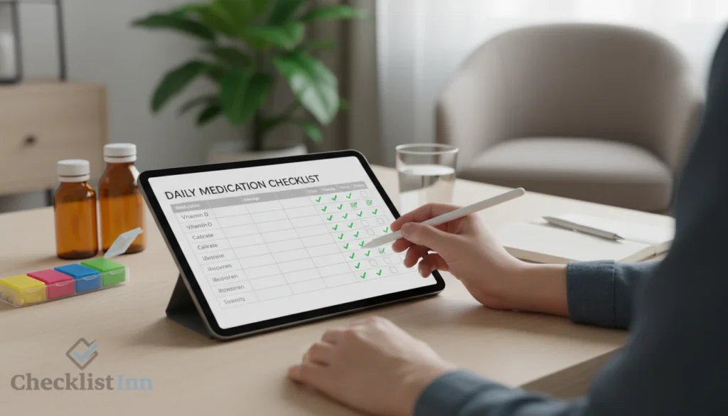 Person actively using a daily medication checklist template with medications nearby and checkmarks on the sheet