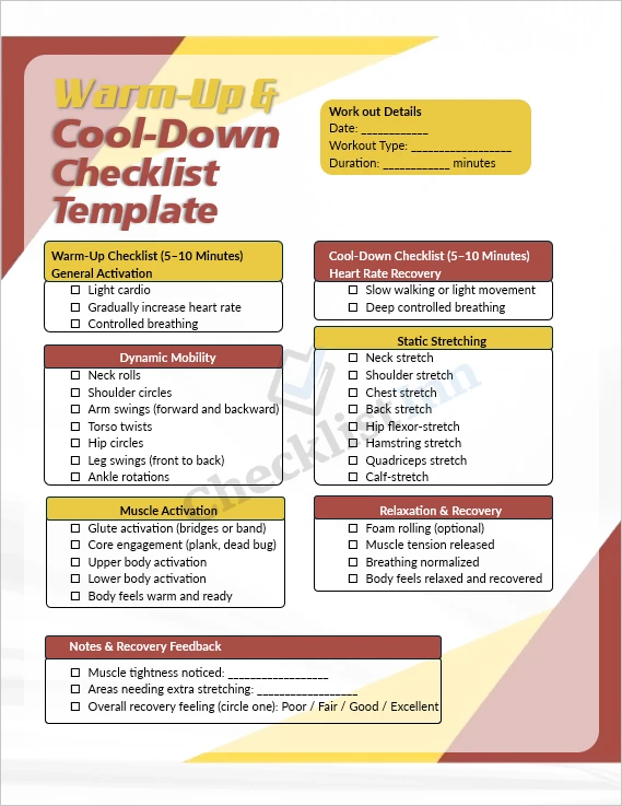 warm up and cool down workout checklist cover page