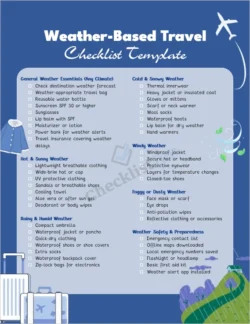 Weather based travel checklist cover page for trip planning and packing