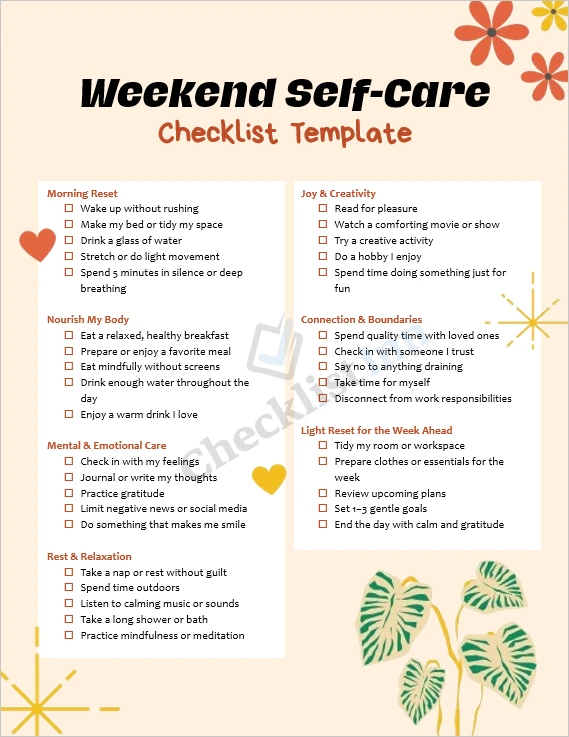 Weekend self care checklist printable cover page