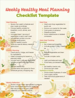 Preview of weekly healthy meal planning checklist showing breakfast lunch dinner and snack sections with checkboxes