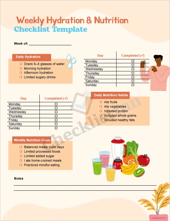 Weekly hydration and nutrition checklist cover page