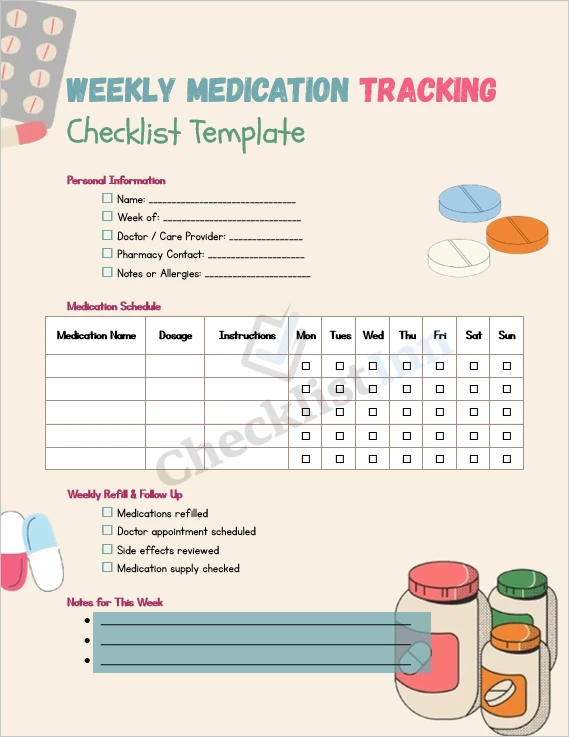 weekly medication tracking checklist printable cover page