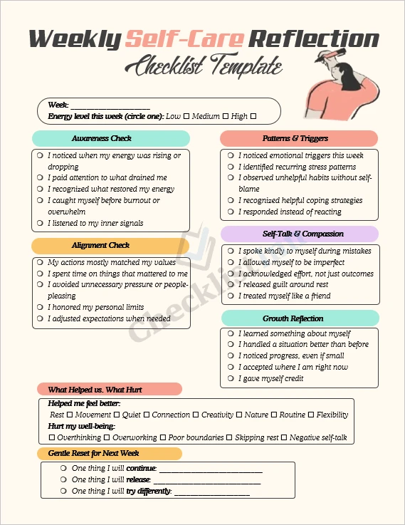 Weekly self care reflection checklist cover page