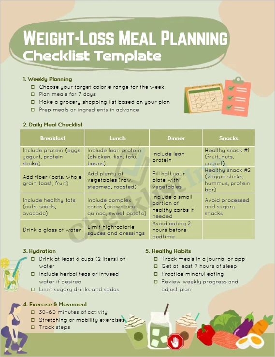 Weight loss meal planning checklist printable cover page