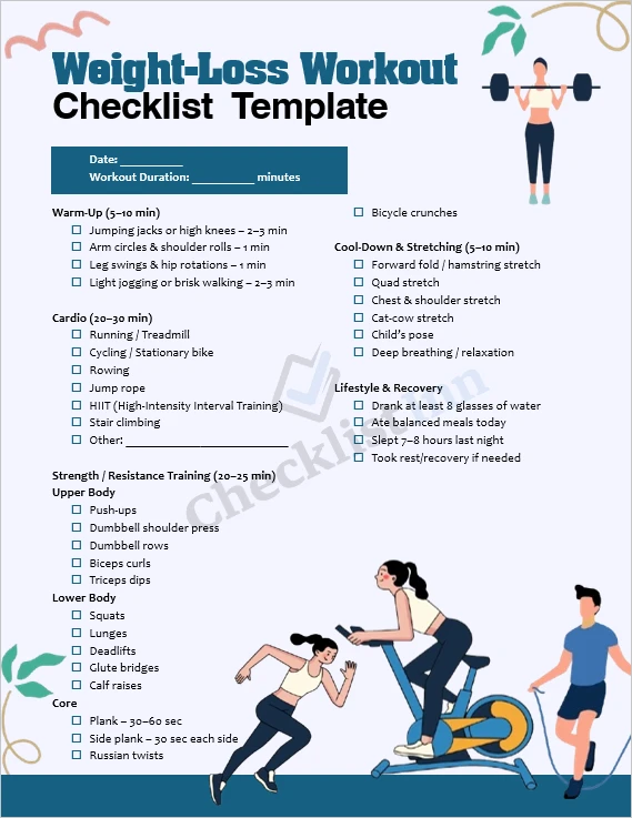Weight Loss Workout Checklist Cover Page with Fitness Icons