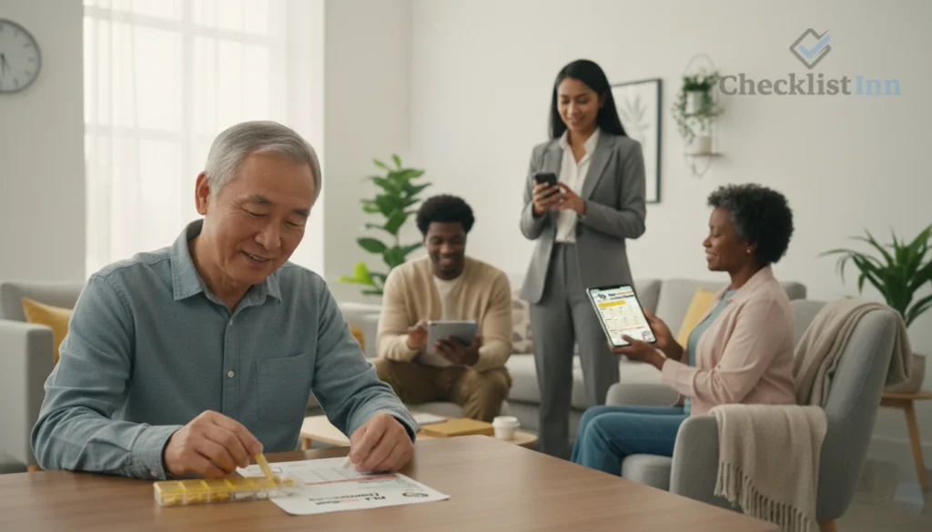 Different people including seniors caregivers and adults using daily medication checklist templates