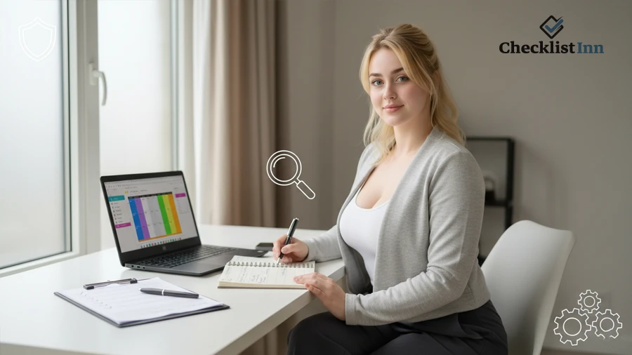 Student confidently using academic planning and tracking templates in a modern study space