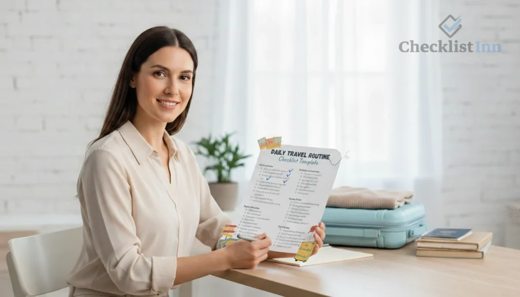 Woman confidently using a printed travel checklist template for stress-free planning