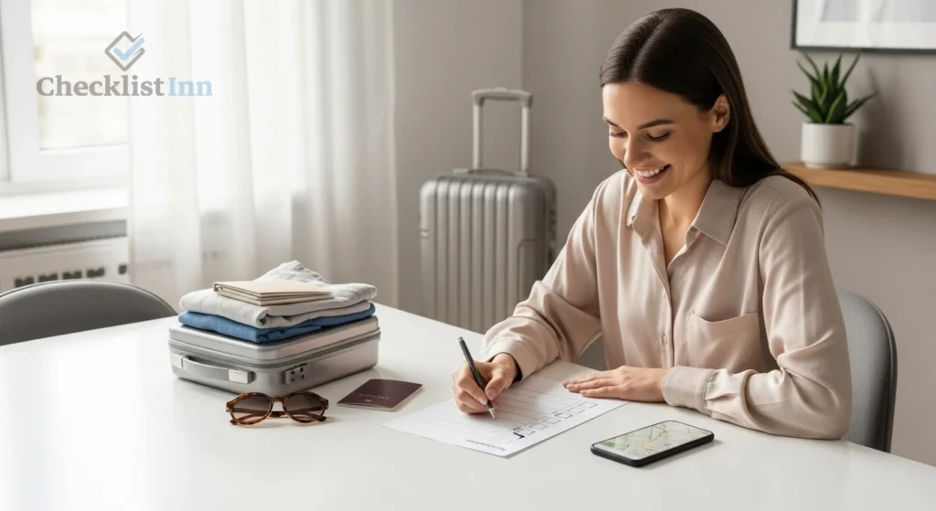 Traveler confidently planning a trip using a structured travel checklist with organized packing items and documents