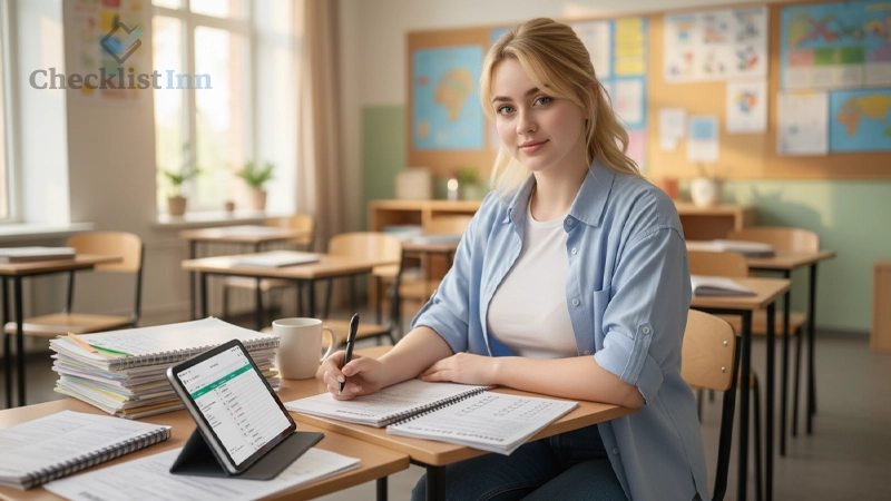 Teacher reviewing student learning checklist to monitor academic progress