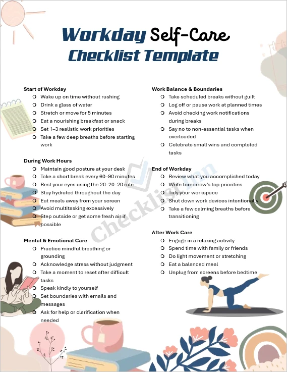 Workday self care checklist cover page designed for daily workplace wellbeing