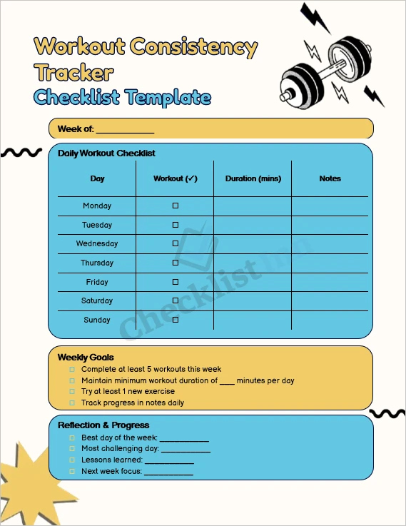 Workout consistency tracker checklist cover page