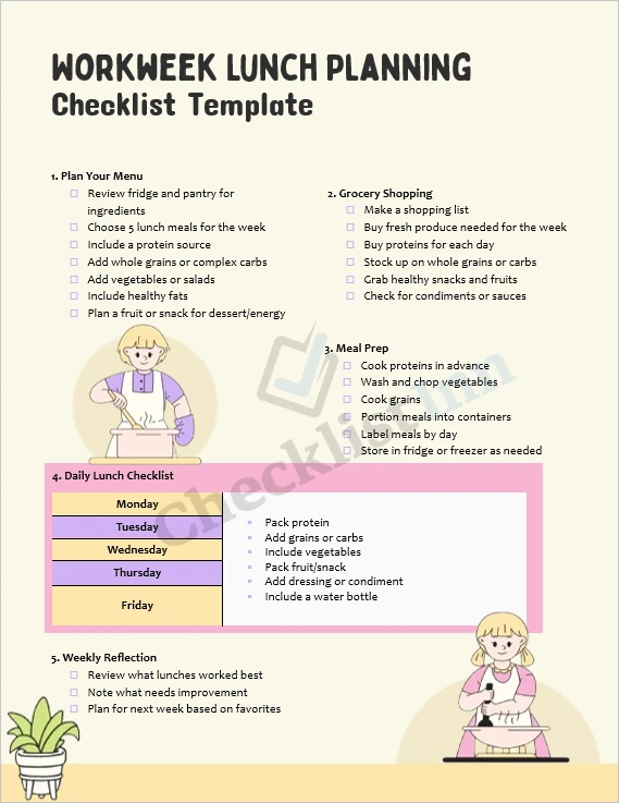 Workweek lunch planning checklist cover page showing colorful healthy meals and checklist